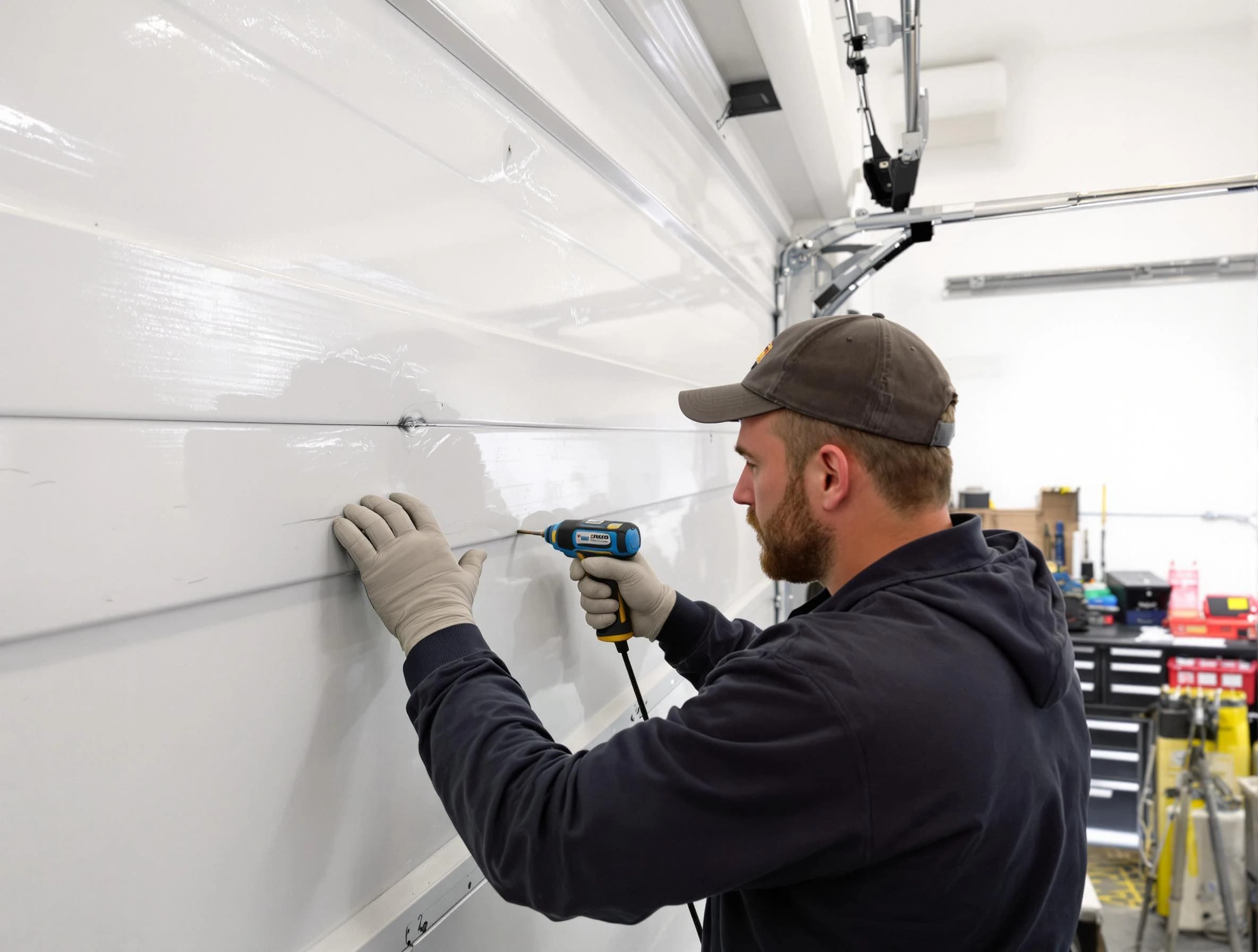 South Park Garage Door Repair technician demonstrating precision dent removal techniques on a South Park garage door